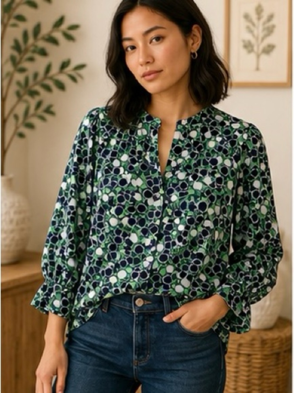 Maeve Anthropologie Whimsy Apple Print Balloon Sleeve Blouse Small
